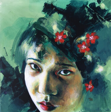 Peinture intitulée "Femme au cerisier" par Madeline Berger (MadB), Œuvre d'art originale, Acrylique