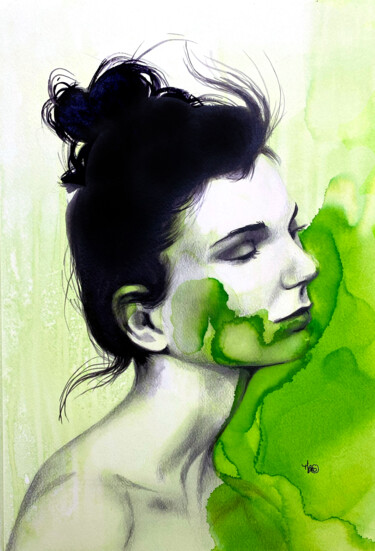 Schilderij getiteld "Rainbow vert jaune" door Madeline Berger (MadB), Origineel Kunstwerk, Inkt