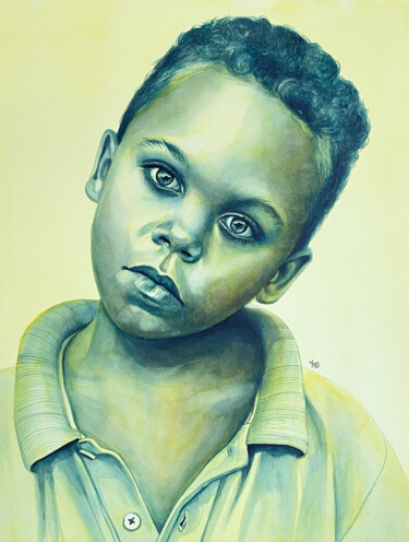 Pintura titulada "Turquoise en jaune" por Madeline Berger (MadB), Obra de arte original, Acuarela