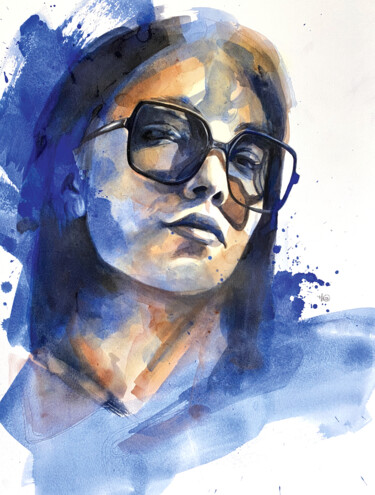 Pintura intitulada "La femme bleue" por Madeline Berger (MadB), Obras de arte originais, Aquarela