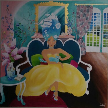 Pintura intitulada "La comtesse au chat…" por Mademoiselle Solenn, Obras de arte originais, Acrílico