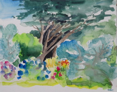 Peinture intitulée "Les pins au fond du…" par Mademoiselle Solenn, Œuvre d'art originale, Aquarelle