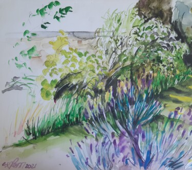 Painting titled "Le jardin en juillet" by Mademoiselle Solenn, Original Artwork, Watercolor