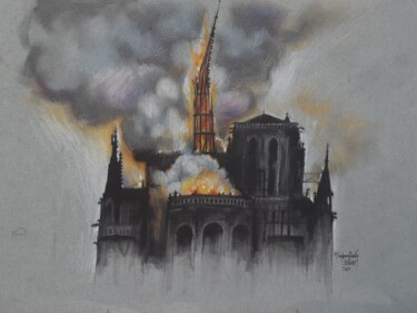 Painting titled "Notre-Dame en feu" by Mademoiselle Solenn, Original Artwork, Acrylic