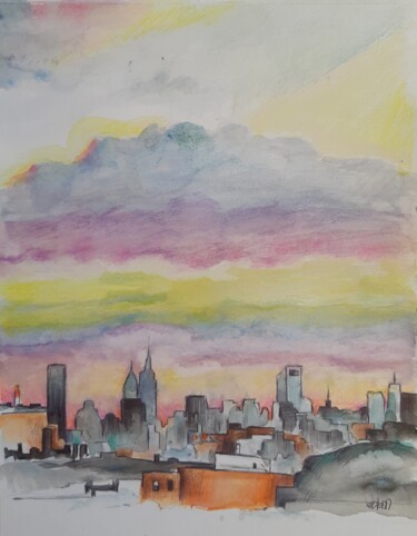 Peinture intitulée "" New York skyfall"" par Mademoiselle Solenn, Œuvre d'art originale, Aquarelle