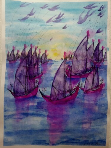 Картина под названием "Фиолетовый флот "Ве…" - Madina Khamidova, Подлинное произведение искусства, Акварель