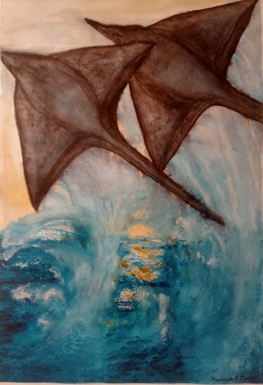Painting titled "Скаты Devilfishes" by Madina Khamidova, Original Artwork, Watercolor