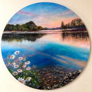 Картина под названием "«Закат на озере»" - Мадина Таирова, Подлинное произведение искусства, Масло Установлен на Деревянная…