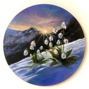 Painting titled ""Snowdrops" Подснеж…" by Madina Tairova, Original Artwork, Oil Mounted on Wood Stretcher frame