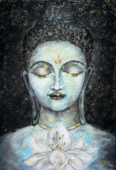 Painting titled ""Sourire De Bouddha"" by Madina Tairova, Original Artwork, Oil Mounted on Wood Stretcher frame