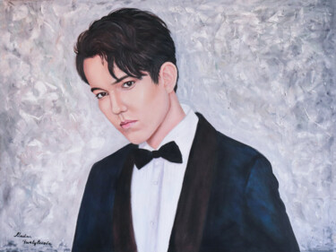 Painting titled "Dimash Kudaibergen" by Madina Turlybekova, Original Artwork, Oil Mounted on Wood Stretcher frame