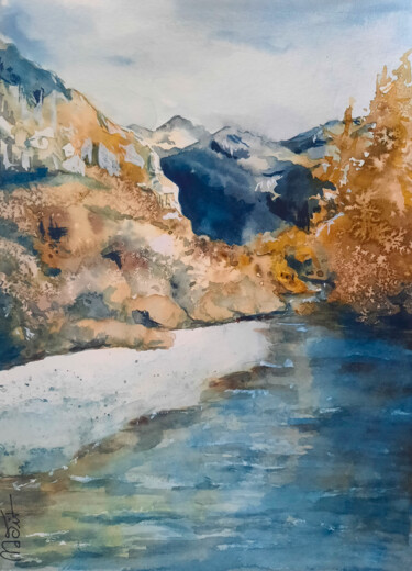 Pintura intitulada "El rio" por Madit, Obras de arte originais, Aquarela