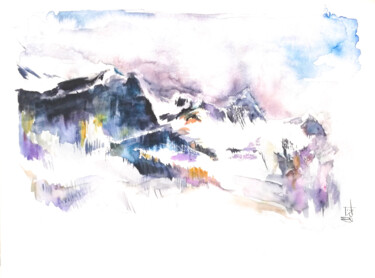 Pintura intitulada "Quant les sommets s…" por Madit, Obras de arte originais, Aquarela