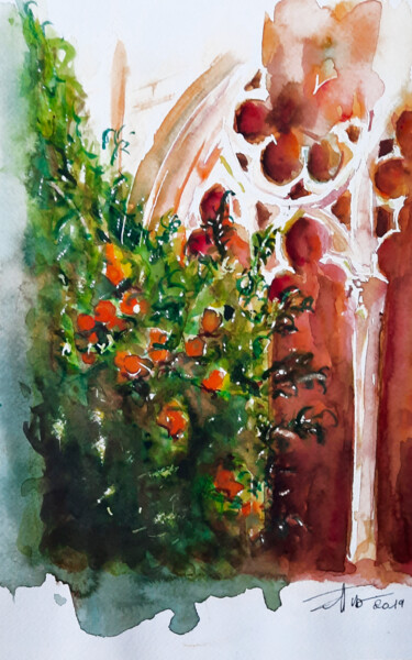 Painting titled "A l'ombre des orang…" by Madit, Original Artwork, Watercolor