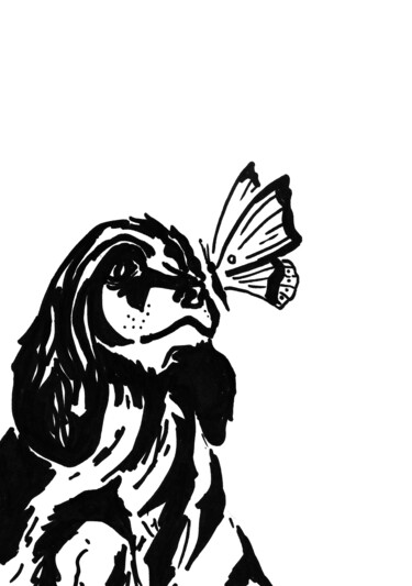 Arts numériques intitulée "Le chien au papillo…" par Madit, Œuvre d'art originale, Encre