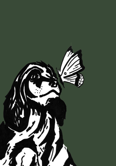 Arts numériques intitulée "Le chien au papillo…" par Madit, Œuvre d'art originale, Collage numérique