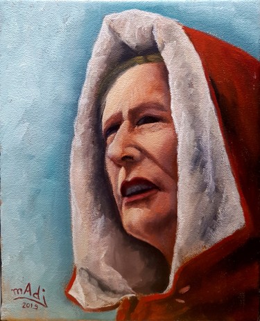 Painting titled "Lady in Red" by Madj Peinture, Original Artwork, Oil Mounted on Wood Stretcher frame