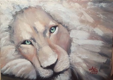 Peinture intitulée "Lion Blanc" par Madj Peinture, Œuvre d'art originale, Huile Monté sur Châssis en bois