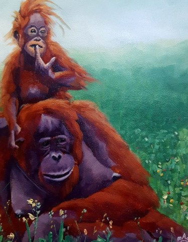 Painting titled "Orang Outans" by Madj Peinture, Original Artwork, Oil Mounted on Wood Stretcher frame