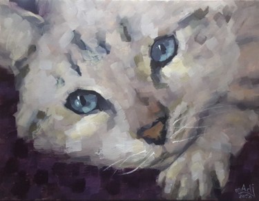 Painting titled "Miaou" by Madj Peinture, Original Artwork, Oil Mounted on Wood Stretcher frame