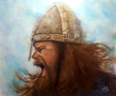 Painting titled "Le cri du Viking" by Madj Peinture, Original Artwork, Oil Mounted on Wood Stretcher frame