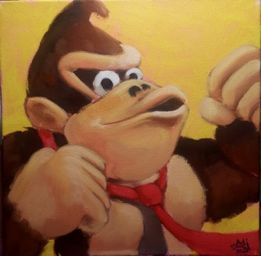 Painting titled "Donkey Kong" by Madj Peinture, Original Artwork, Oil Mounted on Wood Stretcher frame