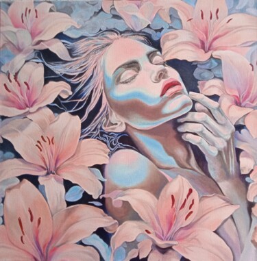 Malarstwo zatytułowany „Lilies” autorstwa Madlen Fox, Oryginalna praca, Olej Zamontowany na Drewniana rama noszy