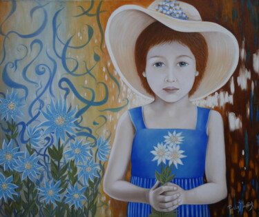 Painting titled "Le petit bouquet" by Mado Pourtin Mousnier, Original Artwork, Oil Mounted on Wood Stretcher frame