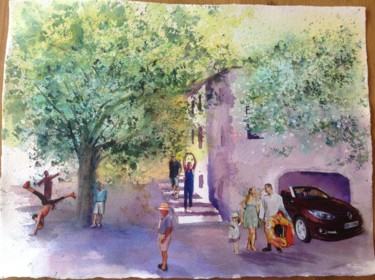 Peinture intitulée "Place du village du…" par Mady Mosbeux, Œuvre d'art originale