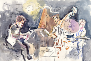 Peinture intitulée "Jacky Terrasson Trio" par Märta Wydler, Œuvre d'art originale, Aquarelle Monté sur Panneau de bois