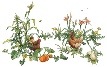 Peinture intitulée "Les Poules - Jardin…" par Märta Wydler, Œuvre d'art originale, Aquarelle