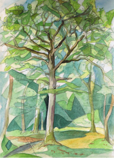 Painting titled "chene-en-foret.jpg" by Gilbert Foing, Original Artwork, Watercolor