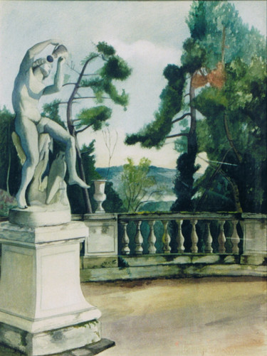 Malerei mit dem Titel "Le Faune au château…" von Gilbert Foing, Original-Kunstwerk, Aquarell