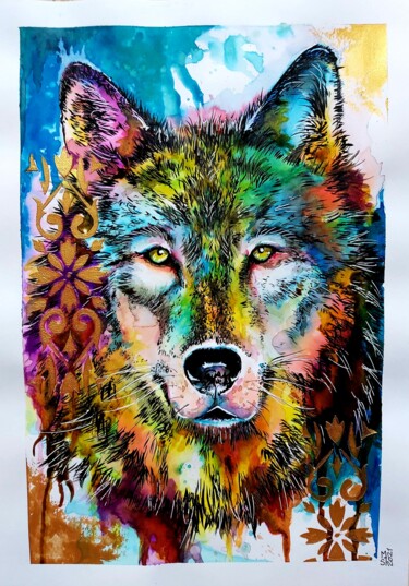 Malerei mit dem Titel "Colored Wolf" von Mag Et Stef Gransagne (Mag et Stef - Les Quatre Mains), Original-Kunstwerk, Acryl