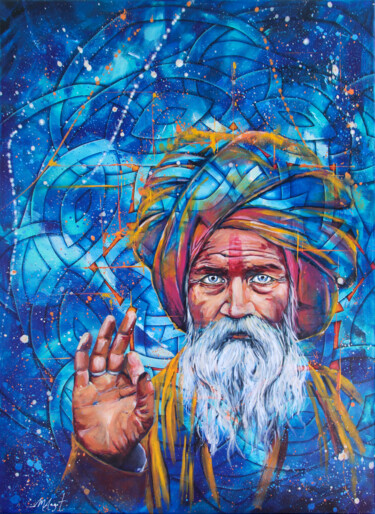 Painting titled "Sadhu Bleu" by Magali Angot (Mangot), Original Artwork, Acrylic Mounted on Wood Stretcher frame