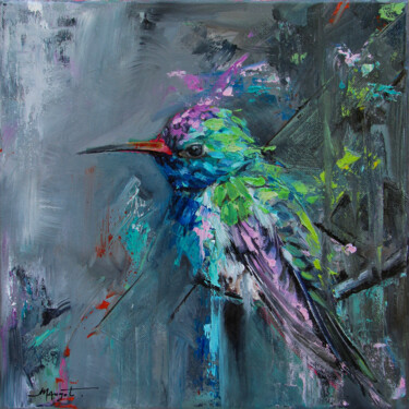 Painting titled "Colibri" by Magali Angot (Mangot), Original Artwork, Oil Mounted on Wood Stretcher frame