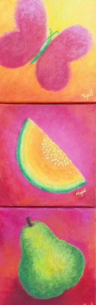 Painting titled "Papillon Melon Poire" by Magali Augris, Original Artwork, Acrylic Mounted on Wood Stretcher frame