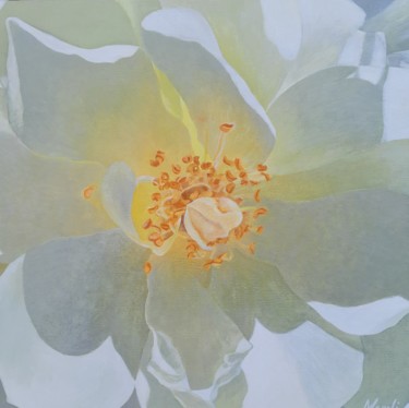 Картина под названием "Coeur de rose blanc…" - Magali Augris, Подлинное произведение искусства, Акрил Установлен на Деревянн…