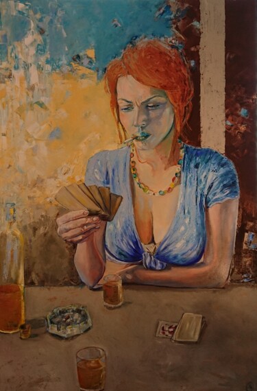 Painting titled "Joueuse de cartes" by Magali Bourguignon, Original Artwork, Oil Mounted on Wood Stretcher frame