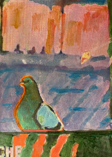 Painting titled "Pigeon in the TV" by Marcelle Delacité, Original Artwork, Acrylic