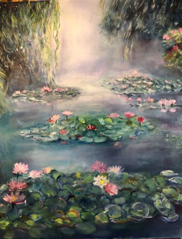 Painting titled "ETANG AUX NENUPHARS" by Magali Palatan, Original Artwork, Oil Mounted on Wood Stretcher frame