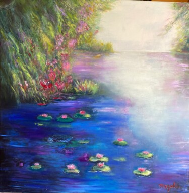 Painting titled "ETANG FLEURI" by Magali Palatan, Original Artwork, Oil Mounted on Wood Stretcher frame