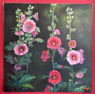 Painting titled "ROSES TRELIERES II" by Magali Palatan, Original Artwork, Oil Mounted on Wood Stretcher frame