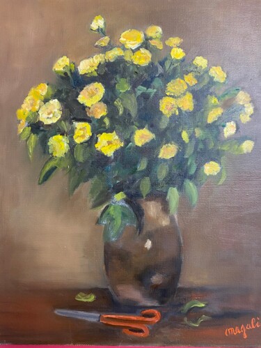 Painting titled "Bouquet aux Ciseaux" by Magali Palatan, Original Artwork, Oil Mounted on Wood Stretcher frame