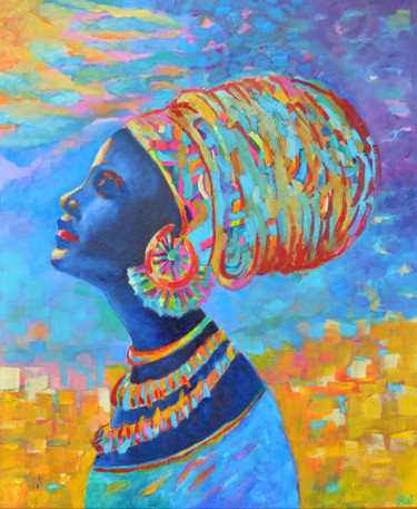 Картина под названием "Black Woman Paintin…" - Magdalena Walulik, Подлинное произведение искусства, Масло Установлен на Дере…