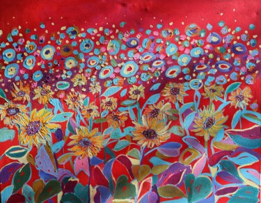 Pittura intitolato "Red flowers sunflow…" da Magdalena Walulik, Opera d'arte originale, Acrilico