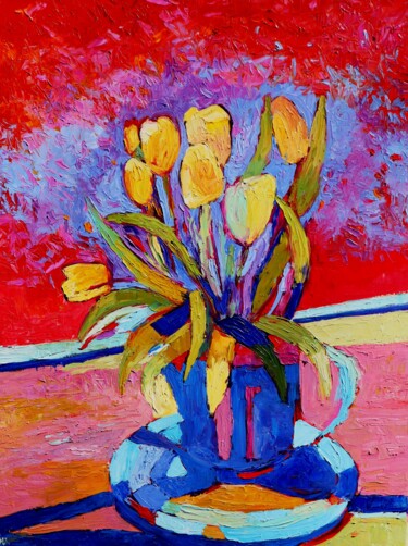 Painting titled "Yellow tulips flowe…" by Magdalena Walulik, Original Artwork, Oil