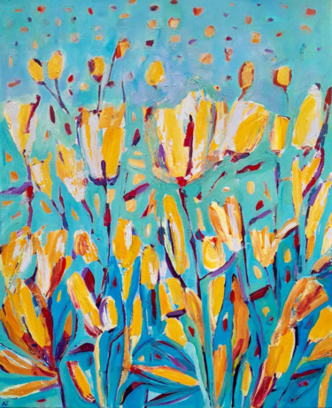 Malarstwo zatytułowany „Żółte tulipany obra…” autorstwa Magdalena Walulik, Oryginalna praca, Akryl Zamontowany na Drewniana…