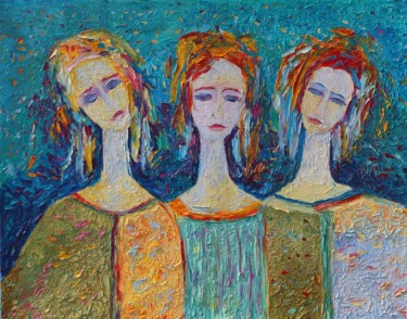 Painting titled "Three women angels…" by Magdalena Walulik, Original Artwork, Oil Mounted on Wood Stretcher frame