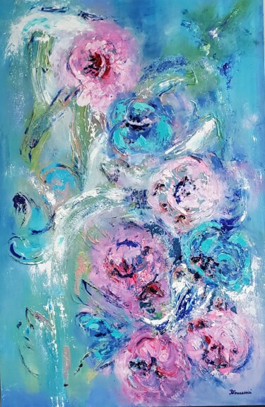 Painting titled "Flower River" by Maggie Romanovici, Original Artwork, Oil Mounted on Wood Stretcher frame